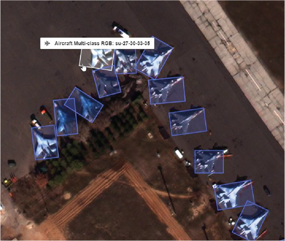 Satellite image showing AI-based aircraft detection